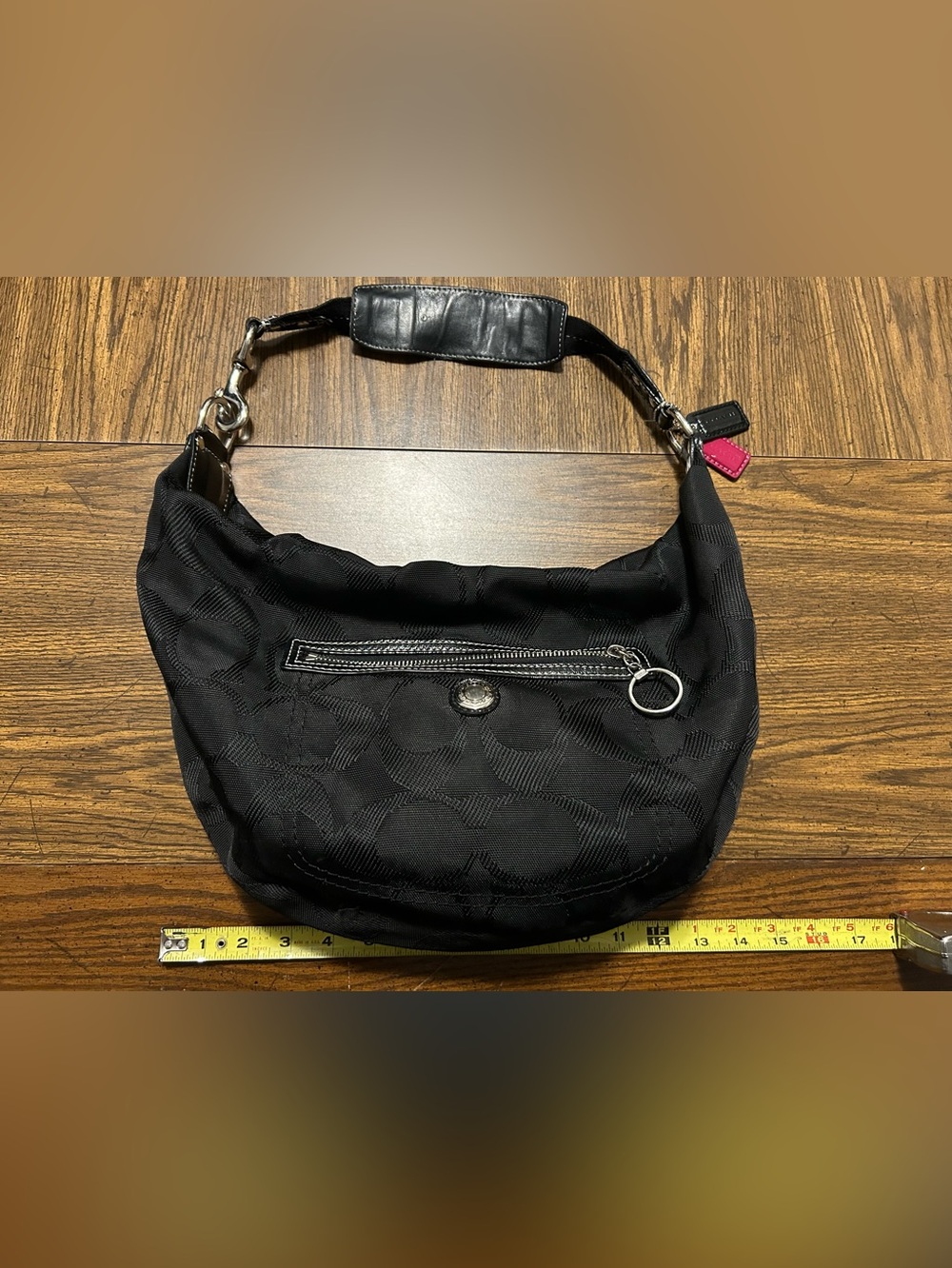 Coach Black Signature Canvas Hobo with Silver Hardware pink inside